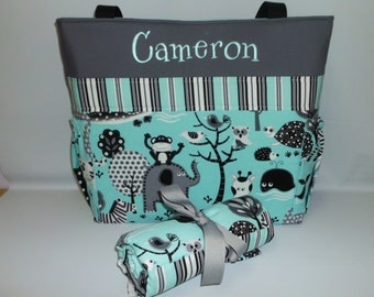 Teal JUNGLE w/ Stripes Personalized Diaper Bag SET ... Bottle POCKETS .... Free Monogram .. ZiPPER Available