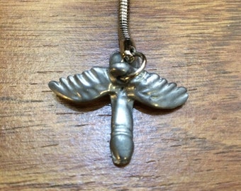 Vintage Flying Penis Charm Keychain - Petwer - Dark Silver Tone