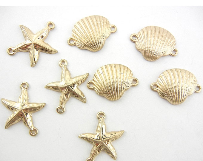 9 Small Marine Shell and Starfish Charms Double Link Gold-tone