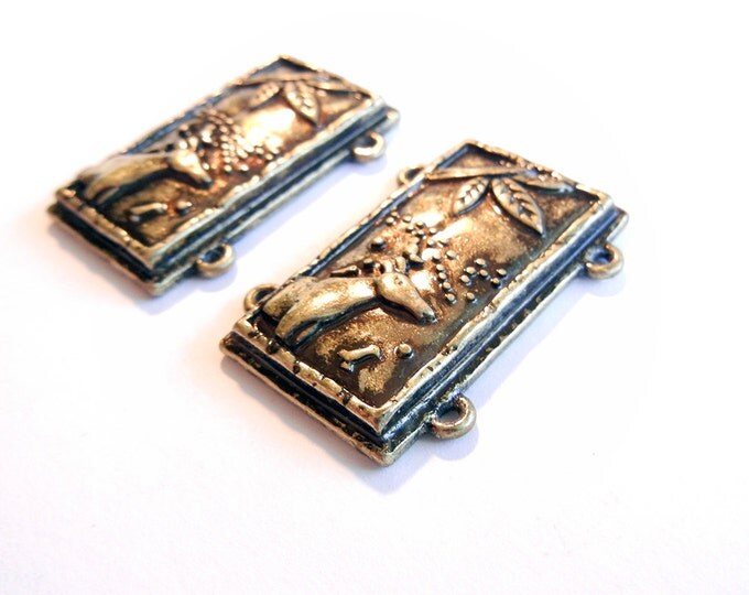 Pair of Double Link Burnished Gold-tone Rectanglular Deer Connector Charms