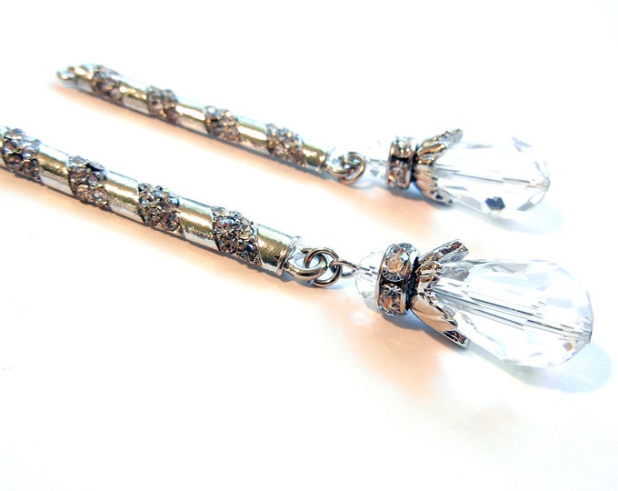 Long Silver-tone Rhinestone Bar Drop Charms