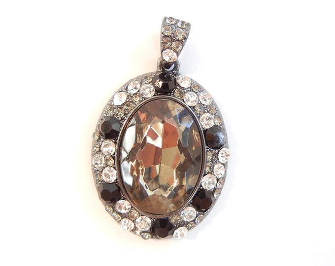 Oval Pendant with Clear and Black Rhinestones Acrylic Gray Faceted Focal