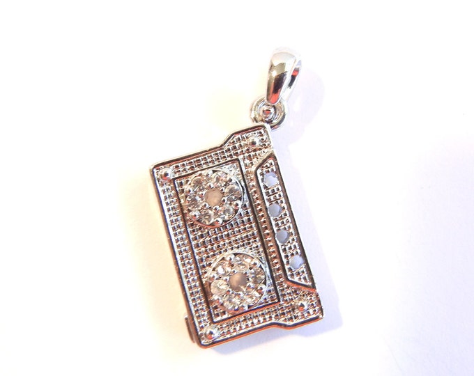 Rhinestone Cassette Tape Pendant Silver-tone