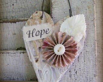 Shabby White Decor Heart Ornament Vintage Lace Collage Vintage Mixed Media Cottage Style Heart Wall Hanging Antique Paper Heart Ornament