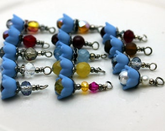 14 Piece Baby Bell Lucite Flower Bead Dangle Charm Drop Sets In Medium Blue