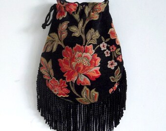 Floral Fringe Tapestry Gypsy Bag Black Cross Body Bag Bohemian Hippie Bag Festival Bag Renaissance bag Shoulder Bag Hand Bag