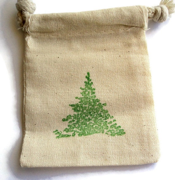 6 Muslin Bags, Pine Tree Stamped in Green, gift Bags, Packaging, 3x4 Inches, Hand Stamped, Party Favor Bags