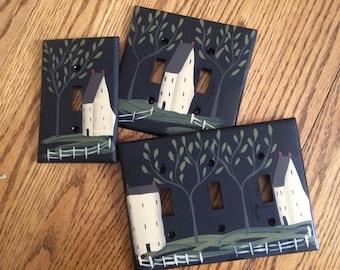Primitive Hand Painted Black Switch Plate Covers with Saltbox and Colonials!