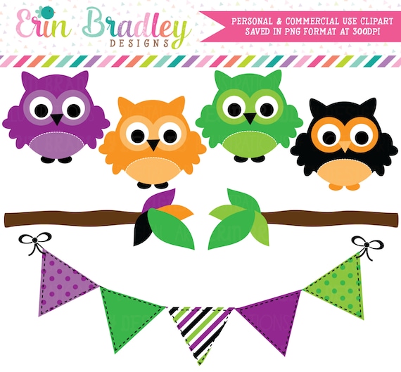 Halloween Owls Clipart, Clip Art Graphics with Bunting & Branches, Commercial Use Holiday Clip Art Il_570xn