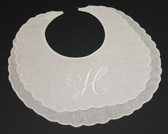 Personalized Name or Monogram Embroidered Scalloped Linen Baby Bib