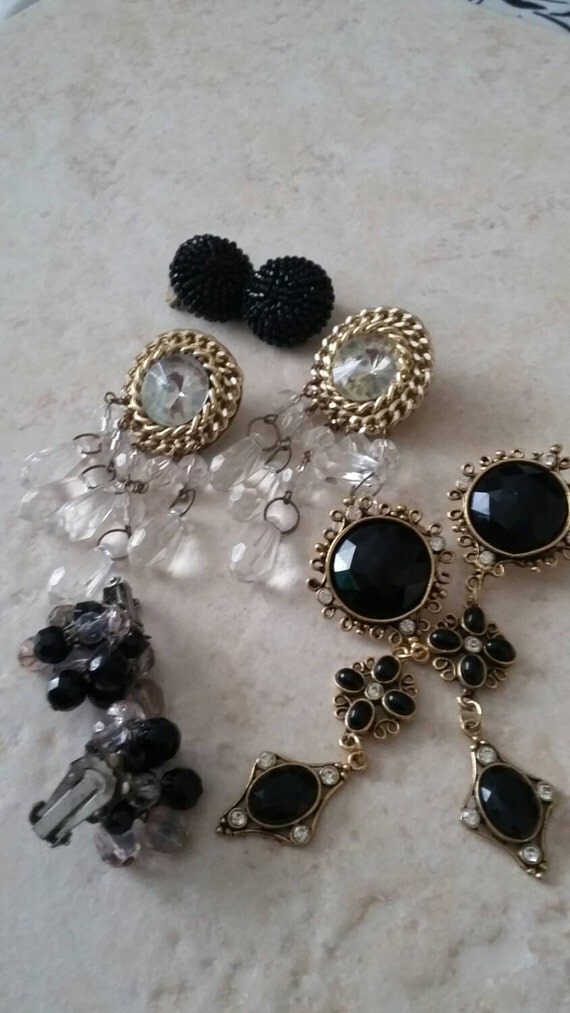 4Pair Clip On Earrings Vintage Black Crystal by deetledi on Etsy