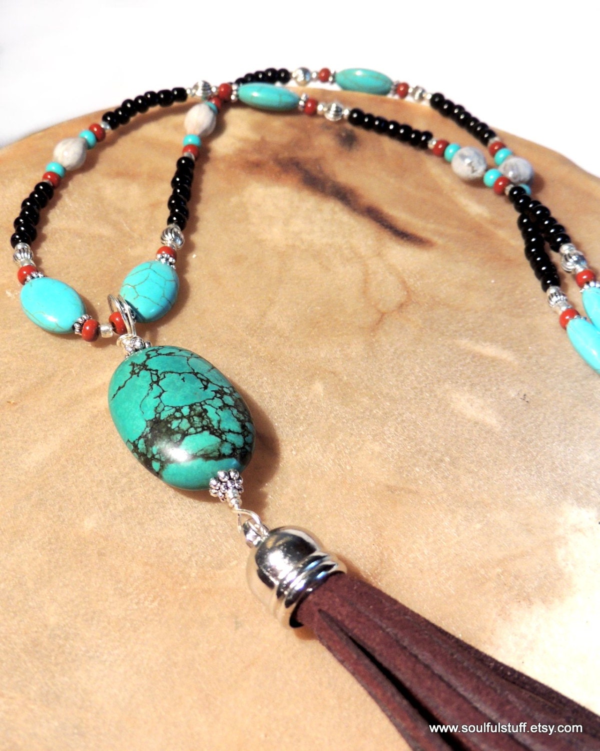 Turquoise Tassel Necklace Corn Bead Necklace Long Necklace