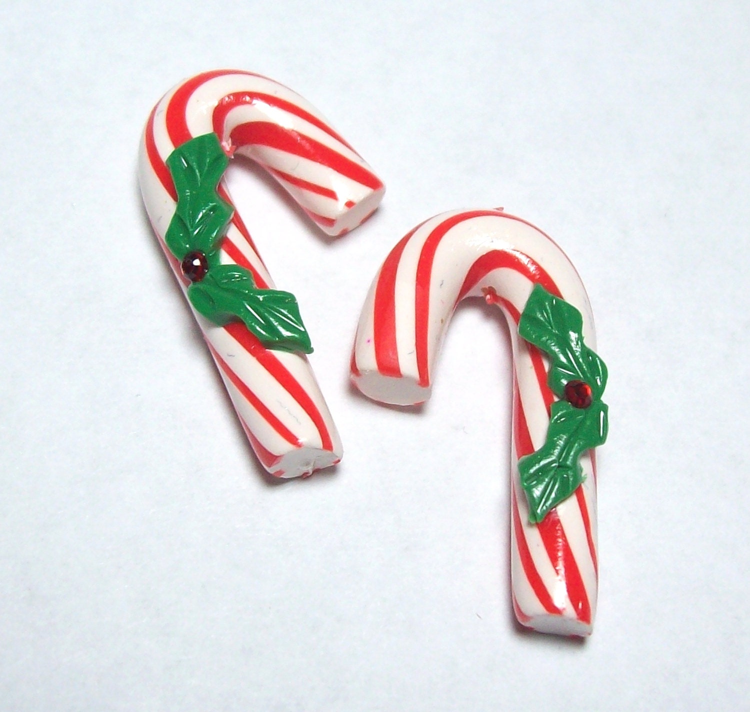 Candy Cane Beads with Holly Handmade Polymer Clay by BarbiesBest