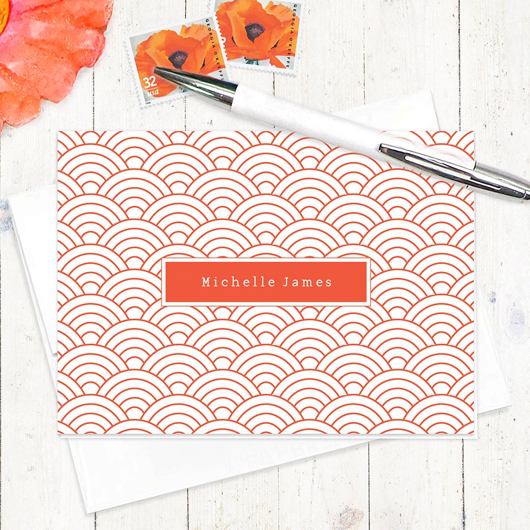 personalized stationery set - FISH SCALE PATTERN - set of 8 folded note cards - girl stationary -patterned cards