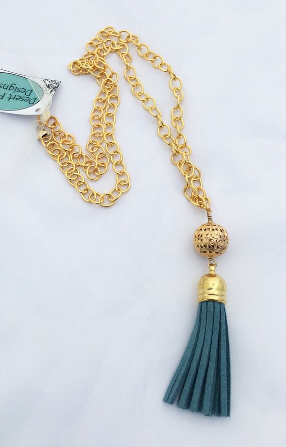 Blue Tassel Necklace with Filigree Accent Bead on Gold Plated