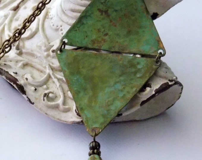 Triangle Necklace Rustic Brass Patina Greens Golds Turquoise Boho Jewelry Textured Hammered Triangles Geometric Jewelry