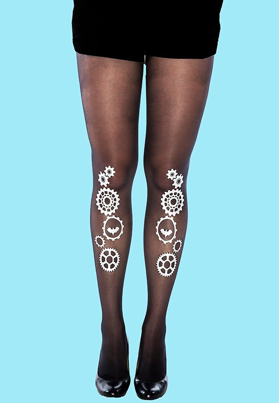 Tights for women, silver matt print, sheer black tattoo tights, available in S-M, L-XL gift ideas, holiday gift by SternTights steampunk buy now online