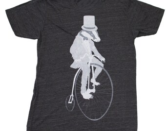 Badger on a Pennyfarthing Bicycle- Mens T Shirt, Unisex Tee, Tri Blend Tee, Handmade graphic tee, sizes xs-xxl