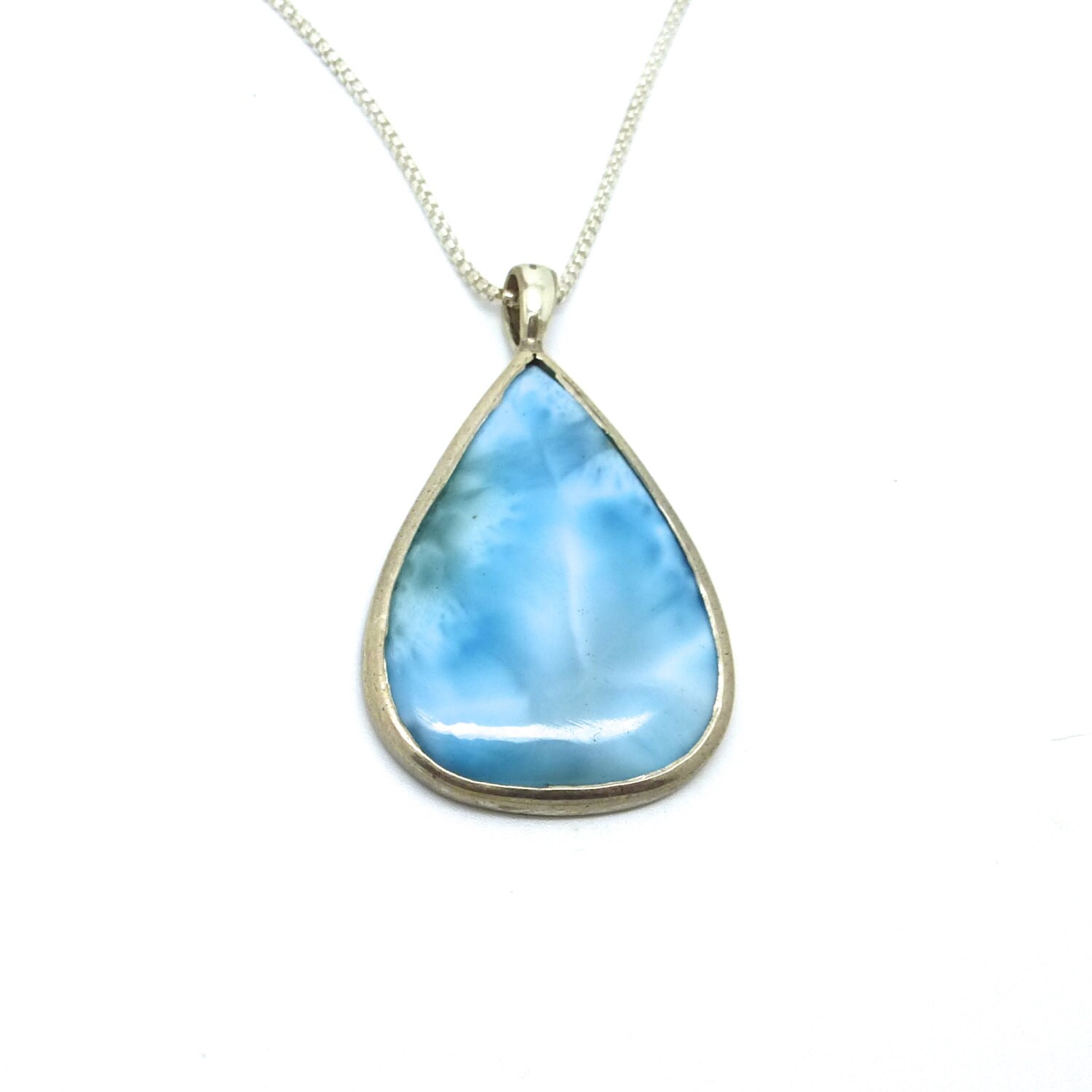 Large Larimar And Sterling Silver Pendant Natural Blue Stone Necklace