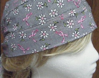 Breast Cancer Awareness Do Rag/Head Gear/Skull Cap Black Grid with Pink Ribbon White Daisy
