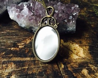 Mirror Pendant Necklace Long Chain Looking Glass Jewelry Snow White Accessory Antique Mirror Brass bronze Fairy Tale Disney