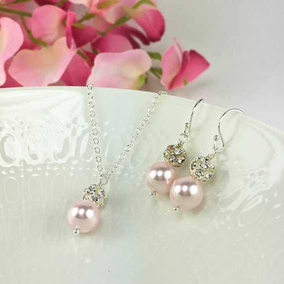 Light Pink Prom Jewelry Sparkly Pink Necklace Earring Set