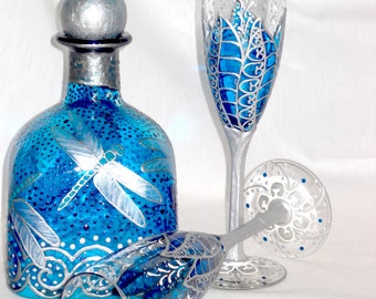 Ice Blue Wedding Champagne Flutes Hand Painted Dragonfly Decanter, 3 Piece Wedding Set with Lidded Gift Box