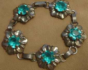 Aqua Rhinestone Flower Bracelet Vintage