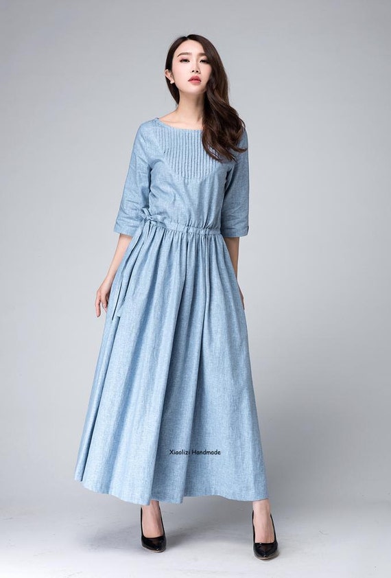 Items similar to Half sleeves Dress,Light Blue Dress ,Maxi Linen Dress ...