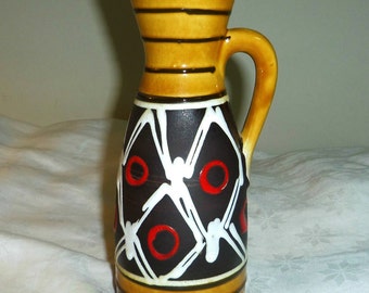 Carstens Vase Jug White Diamonds Red Circles, West Germany 1526 - 23 9" Mid Century