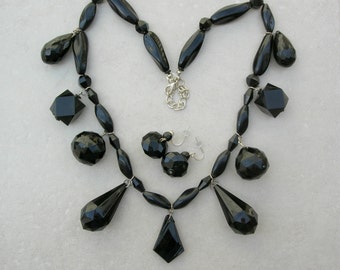 Big Bold Black Statement Necklace, Geometric Shapes, Matching Earrings, Redesigned Vintage Necklace Set by Sandra Designs