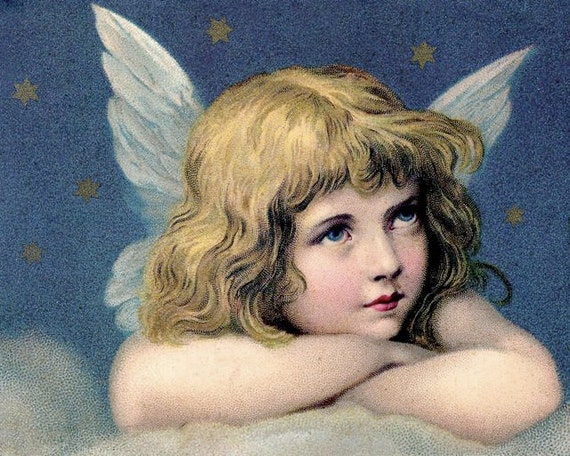 Angel Cherub Girl White Wings Blonde Blue Eyes Gold Stars Cyan