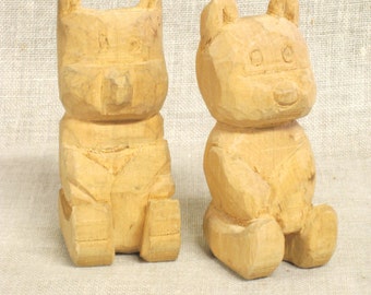 Vintage Hand Carved Folk Art Bear, Wood Carving, Carved Teddy Bear, Animal, Pair, Handmade, Rustic, Primitives, Cabin Decor, Wood Art