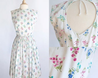 Vintage 50s Dress | 1950s Cotton Dress | Floral Print Cotton Dress m