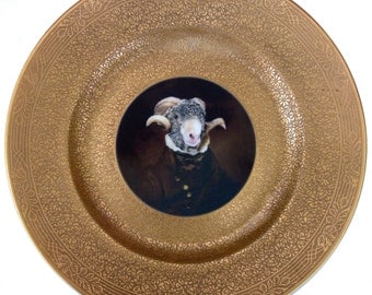 Sir Ovis Aries Portrait Plate - Altered Vintage Plate 10.75"