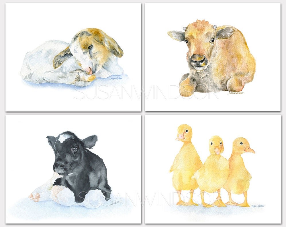 Watercolor Farm Animal Art Prints Nursery Childrens Room Set