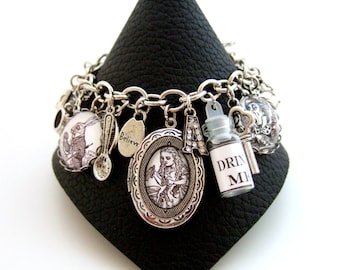 Alice in Wonderland Bracelet Alice Bracelet Alice in Wonderland Jewellery Altered Art Bracelet Monochrome Bracelet Literary Jewellery