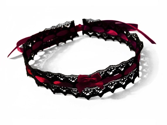 Lace Choker Black Burgundy Dark Red Satin Ribbon by ZenAndCoffee