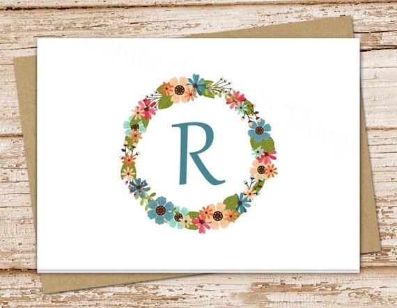 monogram stationery note cards initial notecards floral flower