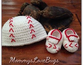 Baseball Crochet Beanie and Booties Set - Newborn through 12 Month Sizes