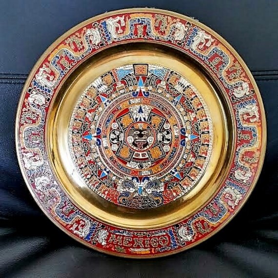 Vintage Brass Mayan Aztec Calendar Wall Plaque Plate Enamel