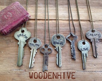 Key Necklace | Hand Stamped Vintage Key with Inspirational Word