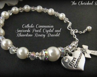 First Holy Communion Rosary Bracelet with Swarovski Pearls, Crystals and Rhinestones with Communion Rhinestone Heart
