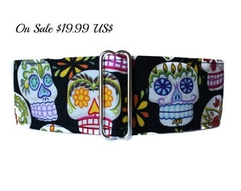 Sugar Skulls Martingale Collar, 2 Inch Martingale Collar, Calaveras, Day of the Dead Dog Collar, Greyhound Collar, Ships to Australia