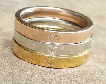 Heart Ring, Rose Silver Gold Ring, Hand Stamped, Stainless Steel Ring, Gift For Her, Stack Ring, Daughter Gift, Wife Gift, Mother Gift