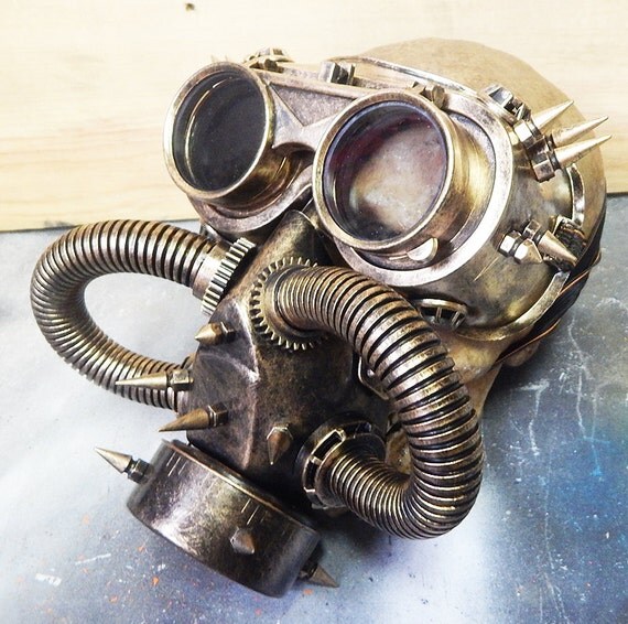 STEAMPUNK GAS MASK - 2 pc set Distressed Gold Steampunk Respirator Mask with Tubes, Spikes and Matching Steampunk Flip Up Goggles by jadedminx steampunk buy now online STEAMPUNK GAS MASK - 2 pc set Distressed Gold Steampunk Respirator Mask with Tubes, Spikes and Matching Steampunk Flip Up Goggles by jadedminx steampunk buy now online