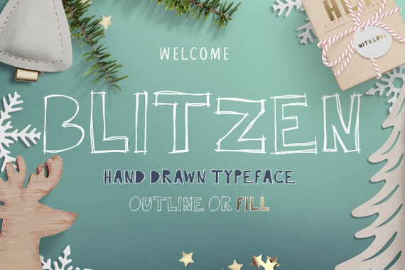 Blitzen Display Font, Hand Drawn scribbly Display typeface with outlines and center fill