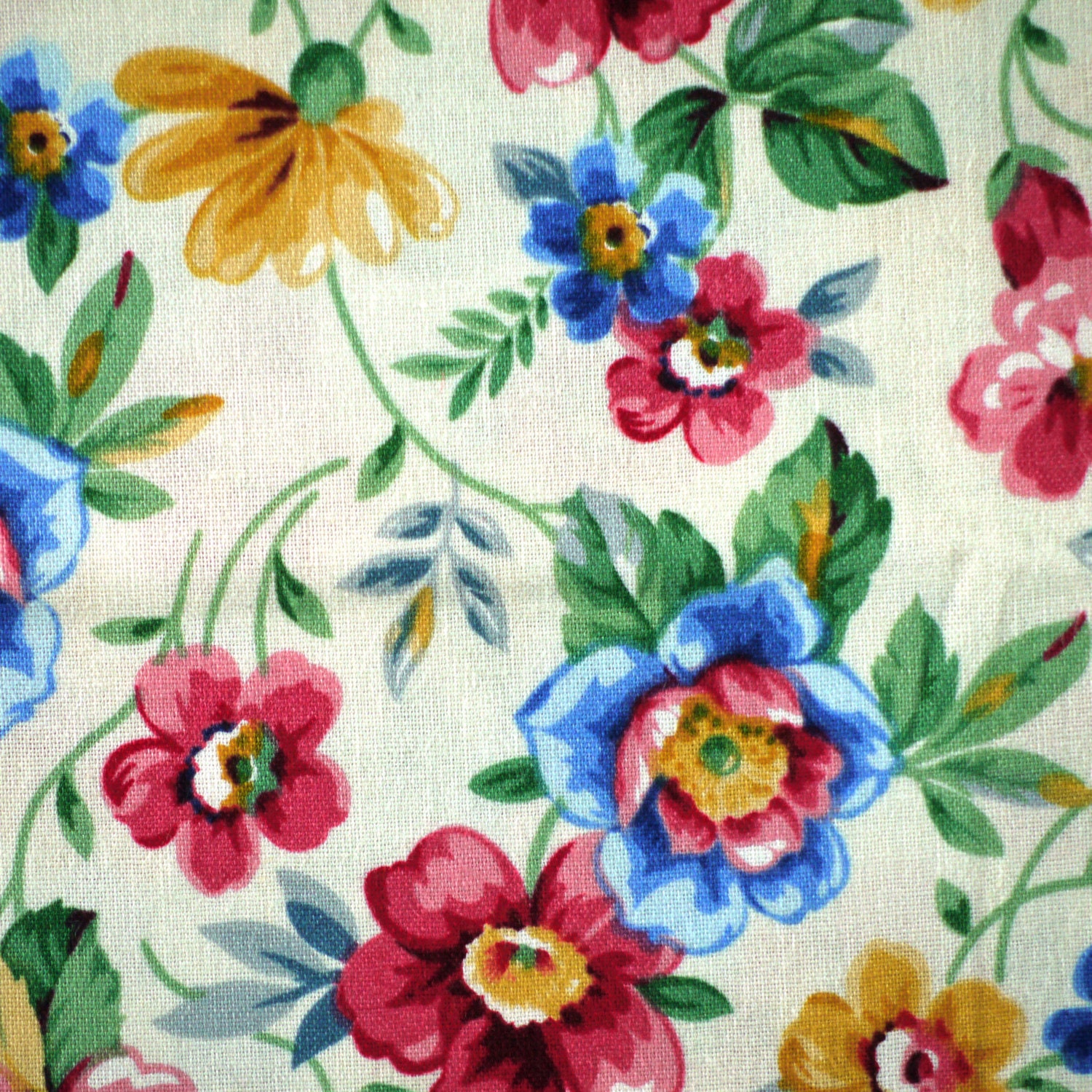 White Red Blue Retro Floral Print Quilting Or By Dartingdogfabric