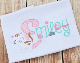 Childs Personalized Kitty Cat Applique Shirt, Tshirt, Choose Initial, Initial with Name or Birth Number, Monogram Shirt
