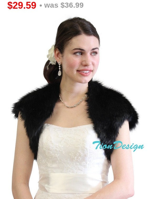Memorial Week Black Faux Fox Fur Bridal Bolero Crop by TionDesign